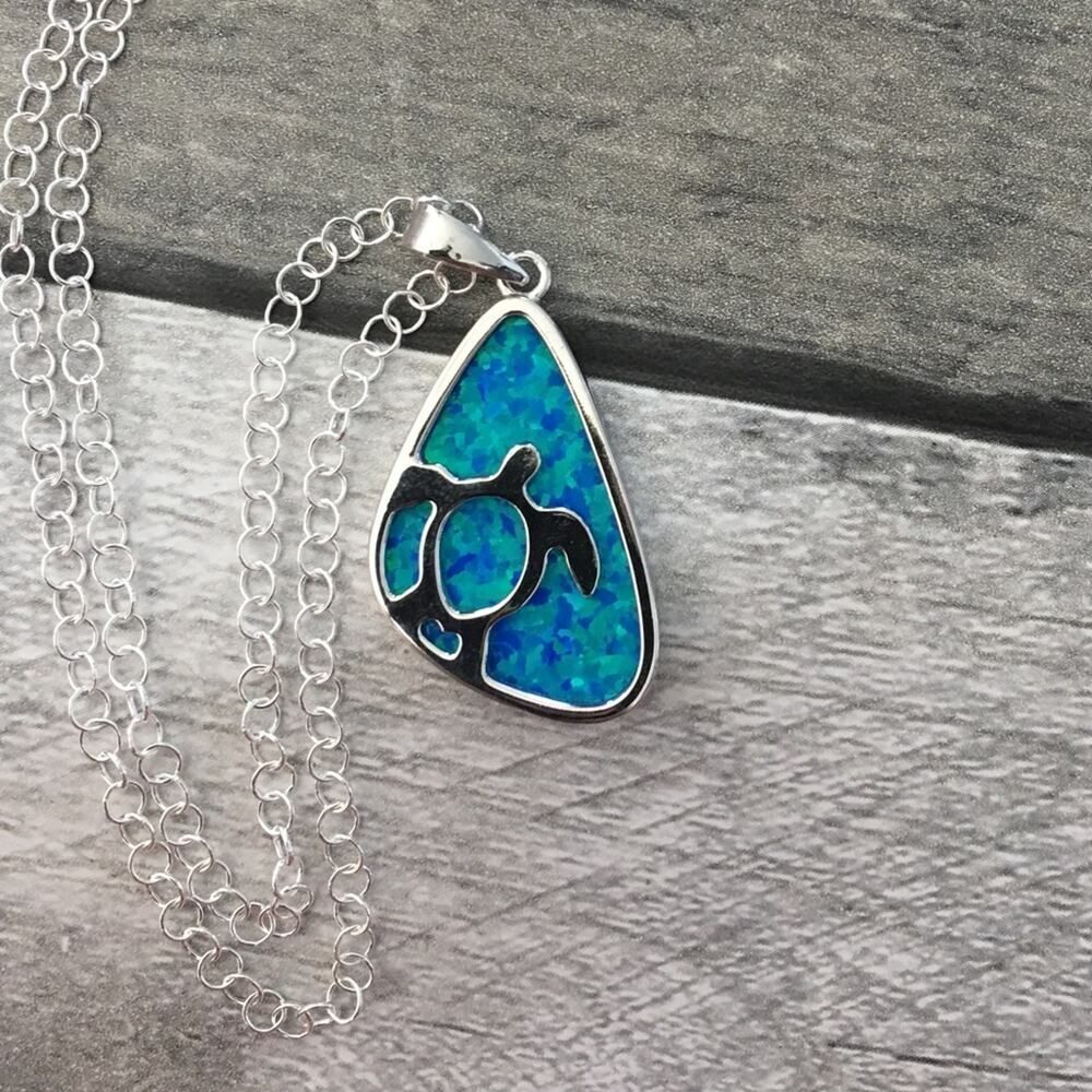 Sterling Silver Lab opal Turtle Necklace